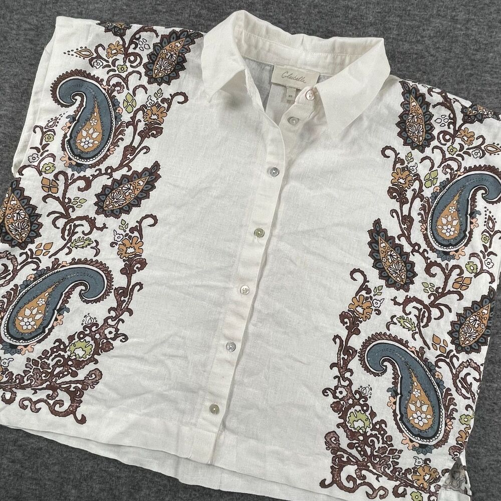 Cleobella XS White Paisley Coastal Linen Blend Lagenlook Cropped Boho Blouse - Picture 2 of 13